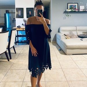 Navy Off Shoulder Midi Dress w Laser cut details